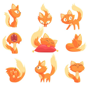 可爱的卡通红色小猫在不同的操作字符集的矢量插图照片