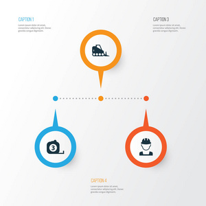 行业图标集。工程师 测量工具 拖拉机和其他元素的集合。此外包括车辆 工程师 工人等符号