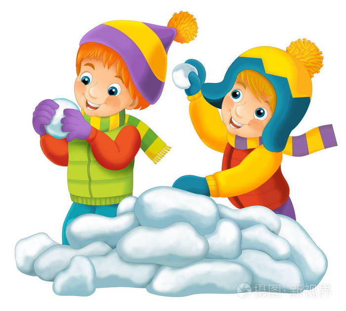 卡通场景与孩子们玩雪