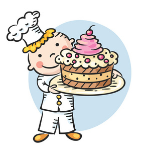 快乐卡通厨师拿着蛋糕照片