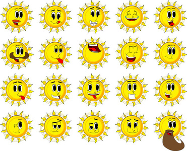 卡通太阳带着笑脸的集合。表达式矢量集