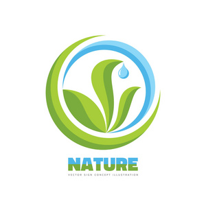 绿色的叶子, 蓝色的水滴和抽象的形状.清洁生态创意标志照片