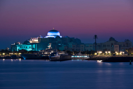 阿布扎比建筑天际线从夜间海