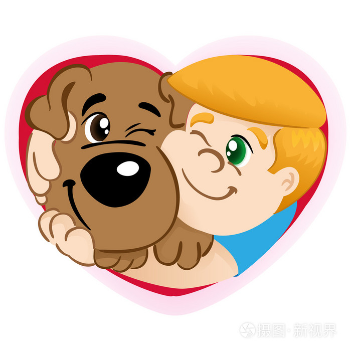 表示一个人的小孩在听觉中拥抱狗的插图