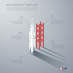 启动业务信息图表模板。启动信息图表元素与火箭在等距平的设计