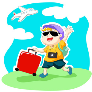 快乐的旅行者与行李和飞机矢量照片
