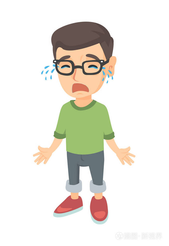 伤心的白种人男孩在抽泣的眼镜