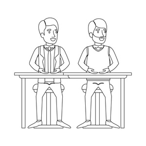 男子坐在书桌前一个与休闲的衣服和胡子和其他与正式的西装和领带的单色剪影