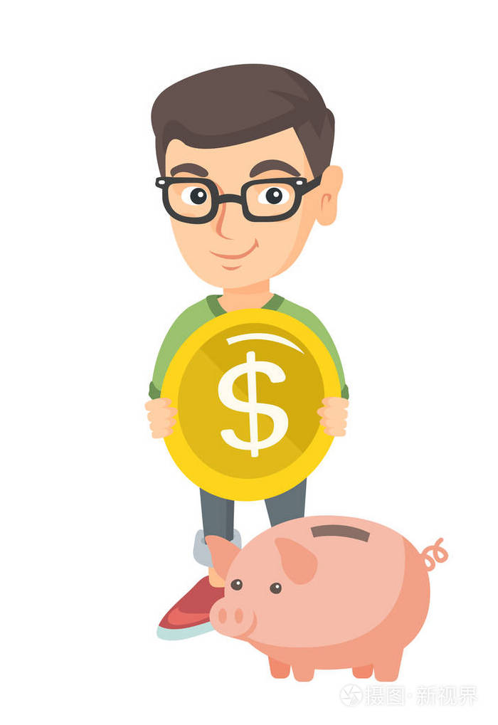 白人男孩将一枚硬币放入存钱罐插画-正版商用图片0ctr6w-摄图新视界