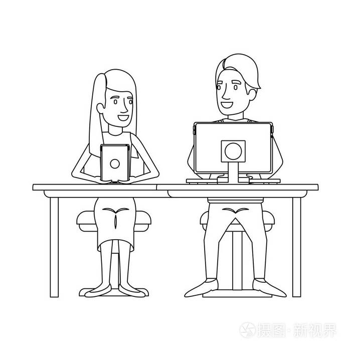 团队精神的女人和男人坐在书桌前与科技设备和她长长的头发和直与他休闲服装的单色剪影
