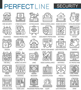 安全分级显示迷你概念符号。数据的 Pc 保护技术现代脑卒中线性风格插图集。完美的细线图标