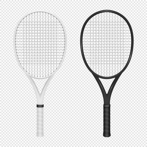 体育现实图标集两个网球拍的插图。黑白相间的颜色。在向量中的设计模板。透明背景上孤立的特写