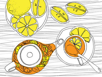 手画茶具茶壶 杯子和勺子柠檬，石灰。白色背景上的孤立的集合