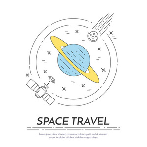 空间旅行线横幅。行星 太空飞船 飞碟 卫星 望远镜和其他宇宙象形图的元素集