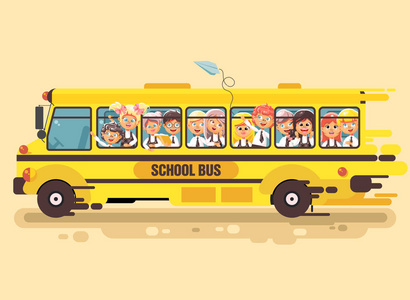 回到学校卡通人物男生女生的矢量图,骑马旅游培训游览校车的学生学徒