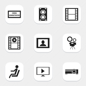 9 可编辑的影片图标集。包括电影摄影机 扩音器 启动视频等符号。可用于 Web 移动 Ui 和数据图表设计