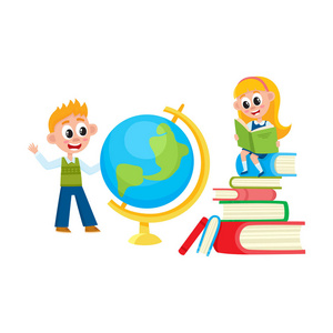 孩子们学习，阅读，研究世界各地的男孩女孩