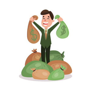 大量的钱快乐的百万富翁字符商人站在袋钱堆中,有大量的钱炫彩矢量图