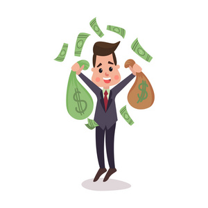 快乐的百万富翁字符牵钱袋子,飞来飞去他的钱,商人有很多的钱炫彩矢量