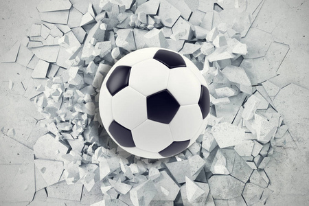 体育例证以橄榄球在破裂的墙壁进来。开裂的混凝土地球抽象背景, 3d 渲染