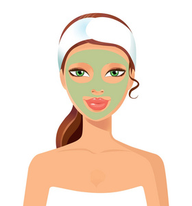 带面具的水疗女性脸矢量插图概念