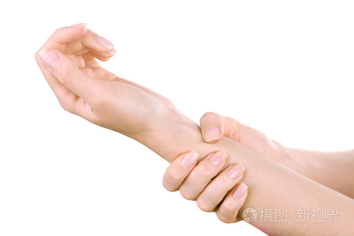 年轻女子被隔绝在白色的手痛