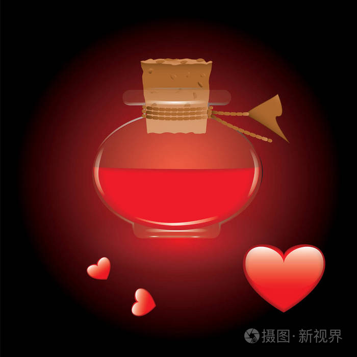 与封闭的软木红色的心在黑色的背景艺术创意现代矢量图的红色液体透明