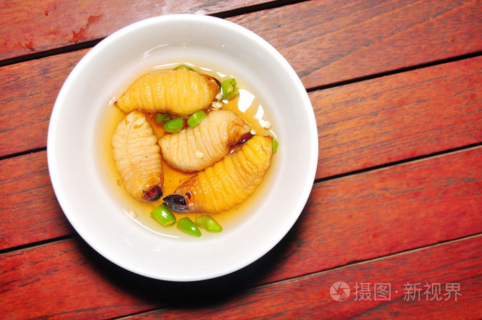 红棕象甲幼虫或椰子蠕虫或平阳 dua 或西米蠕虫 (为危险性) 来自越南