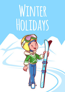 开朗的男孩和滑雪服滑雪板的合影照片