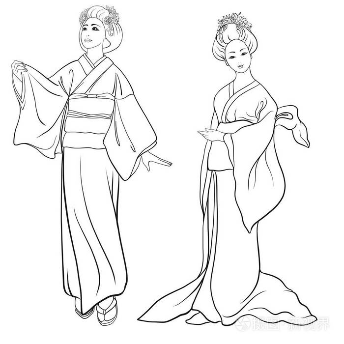 插画 年轻妇女在传统的日本和服,孤立绘图.st.eps