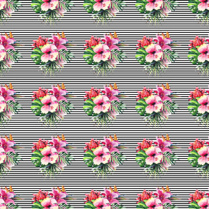 可爱可爱美丽精彩明亮热带夏威夷花卉草药夏季热带花卉芙蓉兰花和棕榈树树叶图案上黑线条背景水彩手图