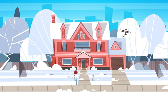 雪顶城市或城镇郊区街村冬季景观住宅