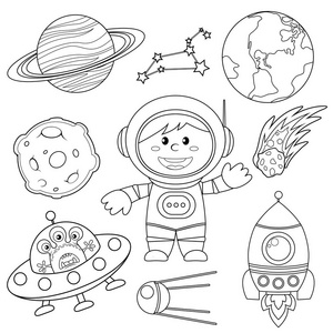空间元素集。宇航员 地球 土星 月亮 飞碟 火箭 彗星 星座 人造卫星和星星