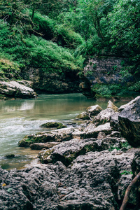 在 Guamskoe 峡谷，俄罗斯北高加索地区，美丽的自然景观与岩石山和森林之间的河河