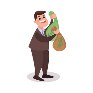 快乐的百万富翁字符的商人拿着钱袋子,有大量的钱炫彩矢量图照片