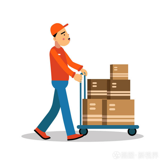 送货的男子带上手推车,快递在统一的工作卡通人物矢量图框