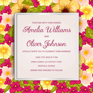 婚礼邀请卡套房与鲜花。模板。矢量图