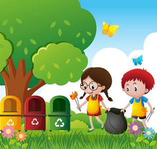 男孩和女孩打扫公园照片