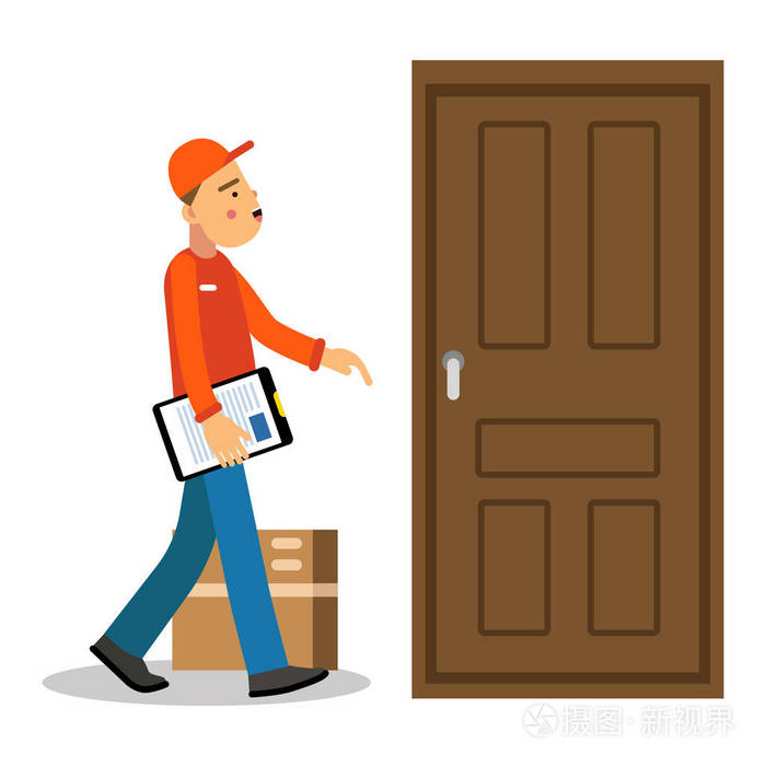 年轻的交付人交付包裹到门口,穿制服在工作卡通人物矢量图快递
