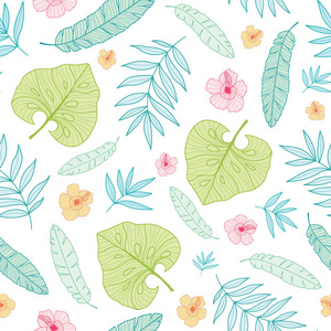 矢量光热带夏季夏威夷无缝模式与热带植物，叶和白色背景上的芙蓉花。伟大的度假主题织物，壁纸，包装