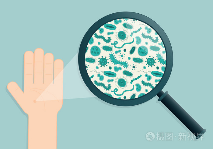 绿色细菌一只手上正在查看少放大镜-矢量图
