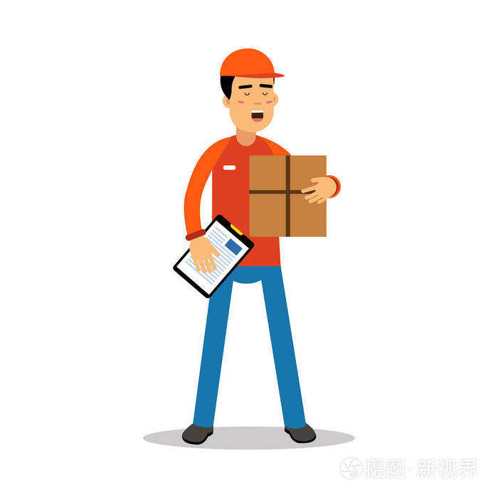 送货人持有折光和检查单,快递在统一的工作卡通人物矢量图