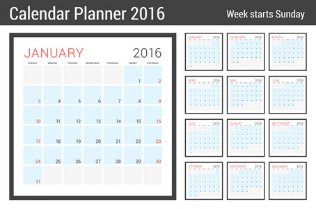 2016年日历规划师。 矢量文具设计
