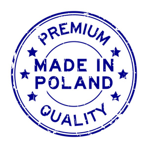 Grunge 蓝色优质圆形白色背景上的橡皮印章戳在波兰