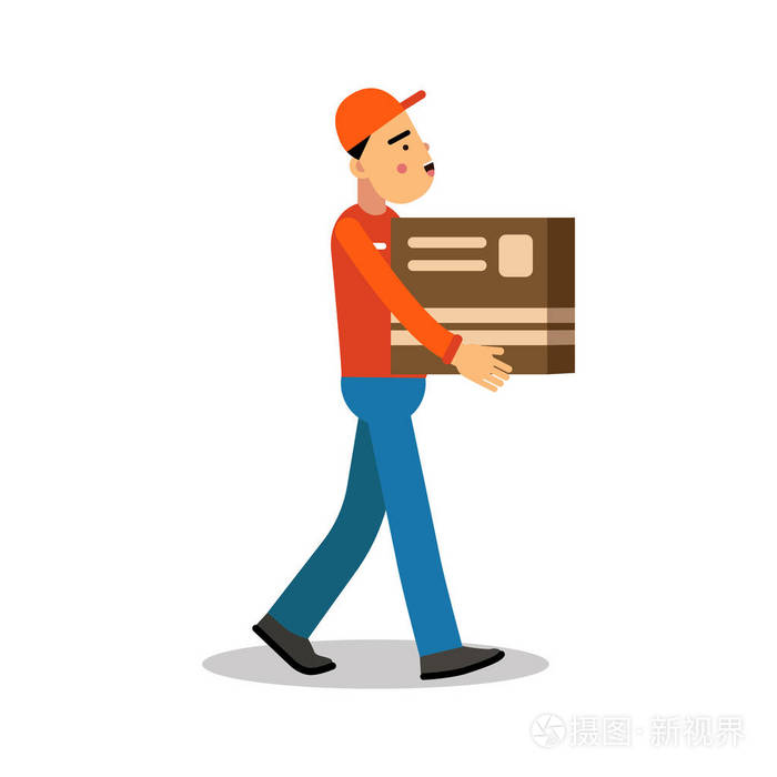 工人移动手持男子,拎着纸板的箱子,快递在统一的工作卡通人物矢量图