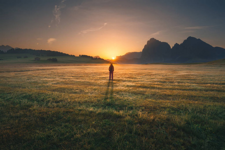 女孩站在金色的田野，走向冉冉升起的太阳