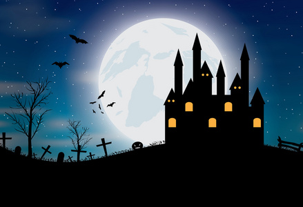 万圣节背景与城堡 南瓜 蝙蝠和大的月亮