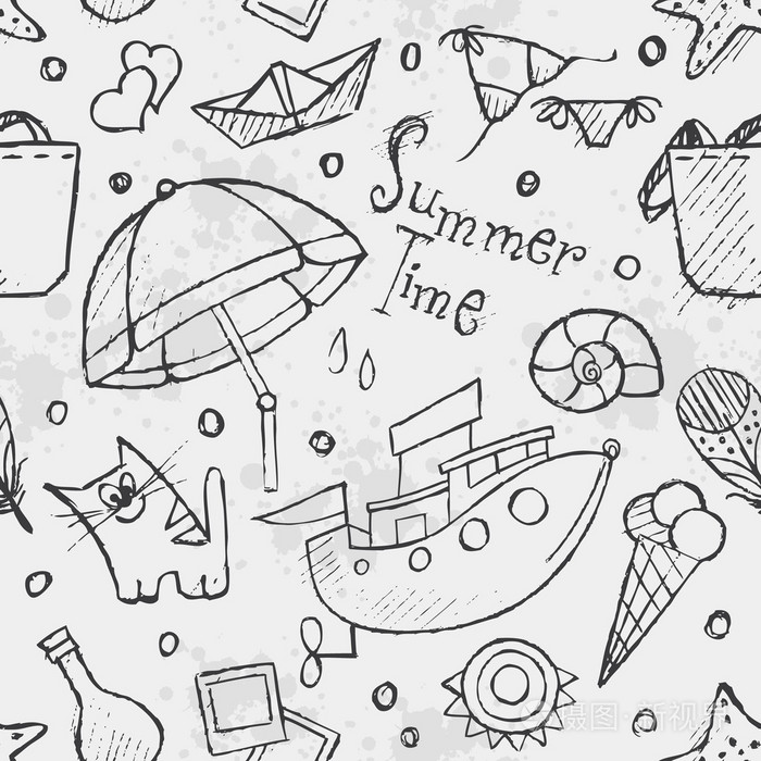 插画 无缝纹理的夏季矢量手绘涂鸦. 黑色.eps