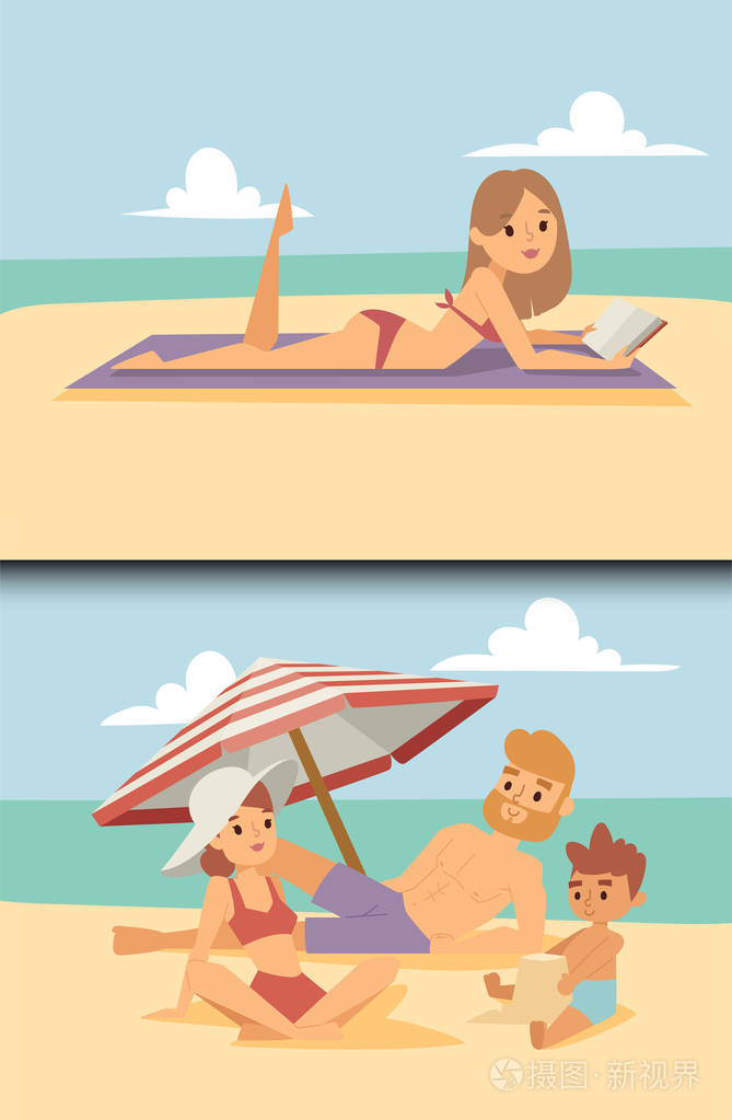 上海滩在户外,夏日阳光有趣的生活方式的人假期快乐时间卡通人物矢量