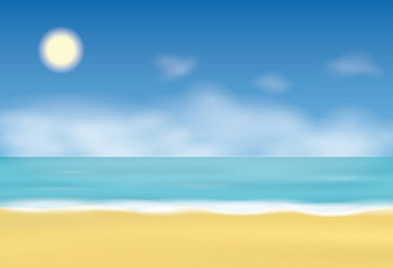 夏季海滩背景，在多云的天空，大海，海浪和黄色的沙滩，海边查看海报太阳。矢量图